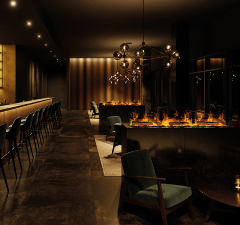 Feu électrique eSENSE Single dans le bar Le feu électrique ne présente aucun danger et s'intègre parfaitement dans les restaurants et les bars.