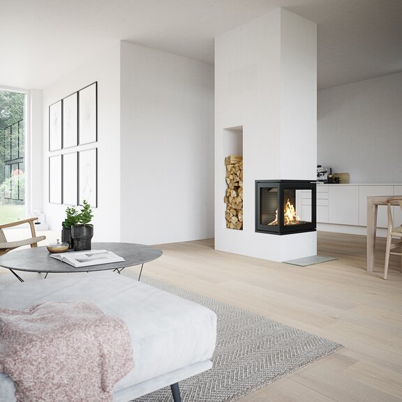 Insert de cheminée à bois R-600 tri-face dans un salon ouvert et lumineux