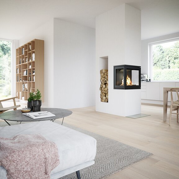 Insert de cheminée à bois R-600 tri-face dans une cuisine ouverte et lumineuse