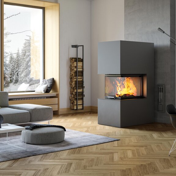 Cheminée à bois VISIO 3:1 ST divise intelligemment les pièces comme cheminée indépendante entièrement encastrée, et présente la vue de la flamme sur tous les côtés