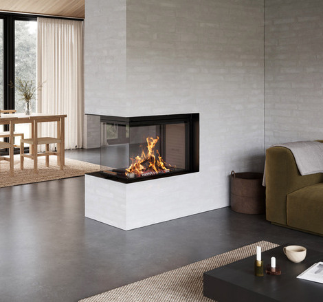 VISIO 3:1 UNIQ Raumteiler Holz-Kamin VISIO 3:1 UNIQ als Raumteiler zwischen Ess- und Wohnzimmer