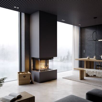 La cheminée à bois VISIO 3 UNIQ montre directement les flammes grâce à sa vitre tri-face avec cadre invisible et se trouve dans un salon moderne gris foncé
