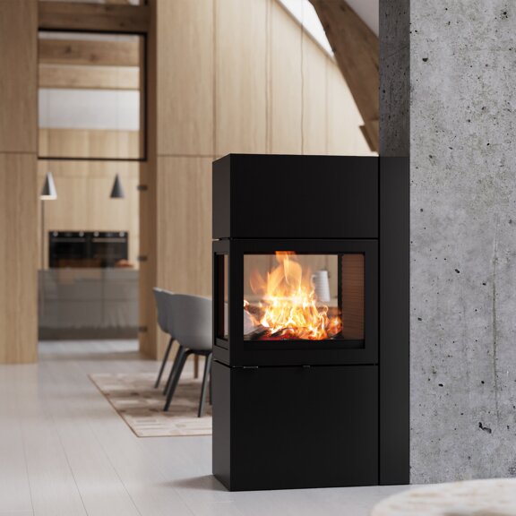 Séparateur de pièce 600 RD en noir et avec plaque supérieure encastrée sur mur en béton