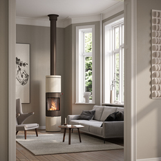 JUNO 166 L avec revêtement en pierre naturelle «Porto» et porte en acier de couleur mocca dans un salon moderne avec de grandes baies vitrées