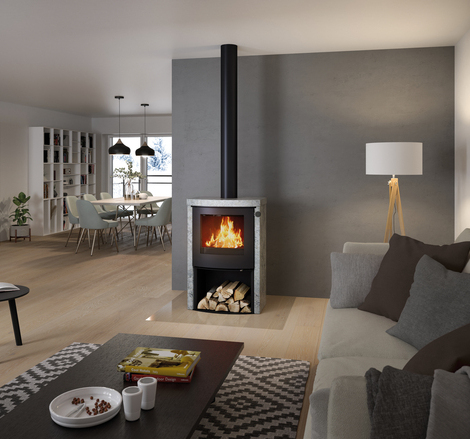 Q-TEE 2 C Speckstein mit Stahltür  Holz-Kaminofen Q-TEE 2 C Speckstein mit Stahltür und Holzfach im Wohnhaus in verschiedenen Grautönen