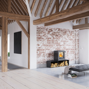 Q-TEE 2 en noir avec des bancs Poêle à bois Q-TEE 2 en noir avec des bancs dans une maison rustique meublée de façon minimaliste