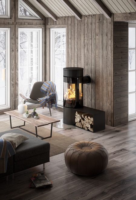 Poêle à bois VIVA 120 L en noir avec banc dans une maison en bois moderne dans la forêt
