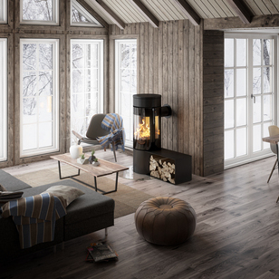VIVA 120 L en noir avec banc Poêle à bois VIVA 120 L en noir avec banc dans une maison en bois moderne dans la forêt