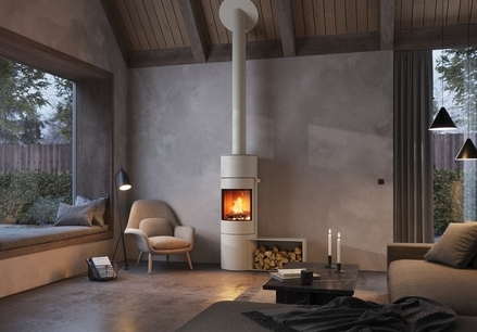 VIVA 140 L de couleur sable avec banc Poêle à bois VIVA 140 L de couleur sable avec banc dans un appartement moderne dans les tons de terre