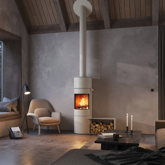 Poêle à bois VIVA 140 L de couleur sable avec banc dans un appartement moderne dans les tons de terre